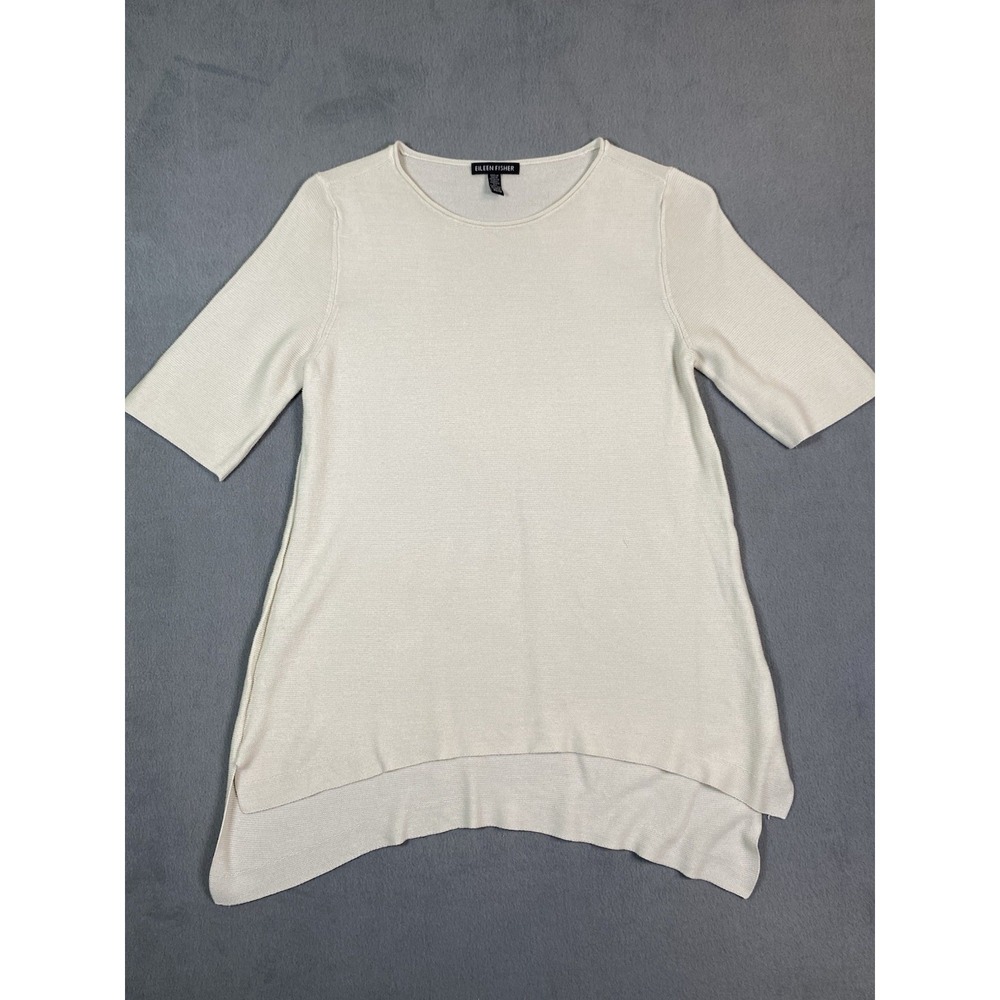 Eileen Fisher Women's XS Half Sleeve Shark Bite Tunic Top Tencel Old Money Snags